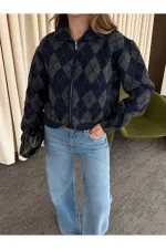 Gilet zippé bleu marine à motif losanges anthracite - 261003