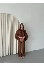 Ensemble chemisier et pantalon marron avec détails de surpiqûres au col - 9002