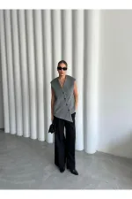 Gri Venedik Çapraz Düğmeli Yelek