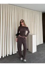 Kahverengi Kayık Yaka Modal İkili Takım - 7323