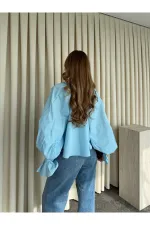 Mavi Yakası Bağlamalı Kolları Tasarım Gömlek - 112254