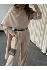 Bej Kemerli Şal Yaka Gömlek Pantolon Takım - 8004