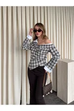 Bej - Kahve Düşük Omuz Vatkalı Ekose Gömlek - 3247