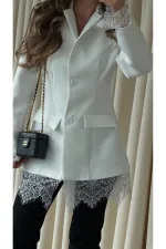 Beyaz Eteği Manşeti Dantelli Ceket - 2861