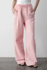 Pantalon rose en coton et lin avec taille élastique