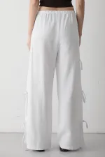 White 100% Cotton Trousers with Side Slit and Tie Detail