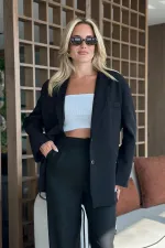 Pantalon en tissu noir avec boutons croisés sur le devant - 3442