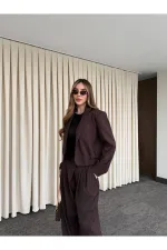 Kahverengi Crop Ceket Pantolon Takım - 9689