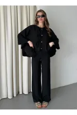 Ensemble chemisier et pantalon noirs avec détails de surpiqûres au col - 9002