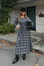 Grey Plaid Belted Long Dress - 1235 Grey Plaid Belted Long Dress - 1235