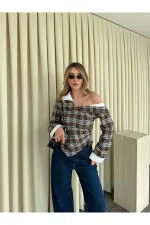 Mavi - Kahve Düşük Omuz Vatkalı Ekose Gömlek - 3247