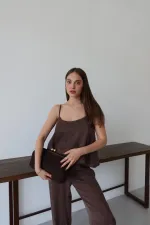 Brown Satin-Look Strappy Blouse and Pants Set Brown Satin-Look Strappy Blouse and Pants Set