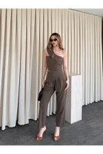 Sütlü Kahve Tek Omuz Tasarım Yaka Bluz Pantolon Takım - 8003