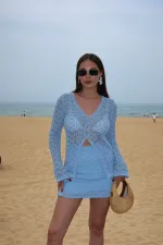 Ensemble cardigan et jupe à boutons en perles bleues - 7221