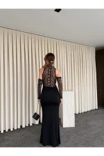 Black V-Neck Dress with Lace Gloves - 20117