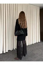 Siyah Tül Detaylı Uzun Triko Elbise - 251009