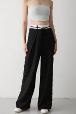 Siyah İp Kemer Detaylı Tasarım Pantolon - 3576