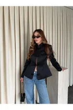 Siyah Tasarım Düğmeli Parlak Kumaş Military Ceket - 1411