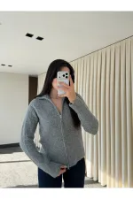 Gri Balıkçı Yaka Çift Fermuarlı Hırka - 251108