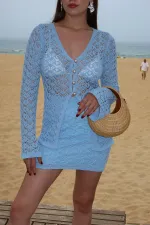 Ensemble cardigan et jupe à boutons en perles bleues - 7221