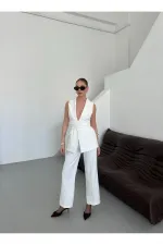 White Eliana Belted Vest and Trousers Set - 2786