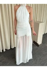 Beyaz Gül Detaylı Şifon Elbise - 2485