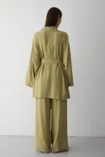 Haki %100 Pamuk Cep Detaylı Kuşaklı Kimono Takım - 8491