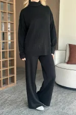 Ensemble pull à col roulé noir en maille côtelée - 4671