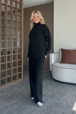 Ensemble pull à col roulé noir en maille côtelée - 4671