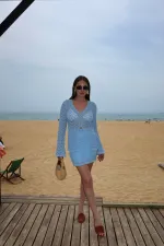 Ensemble cardigan et jupe à boutons en perles bleues - 7221