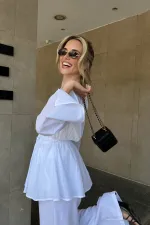 Beyaz Bel Detaylı Vual Keten Gömlek