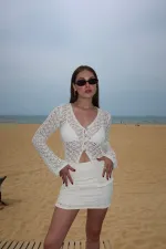 Ensemble cardigan et jupe écru à boutons nacrés - 7221