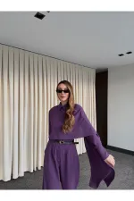 Purple Belted Shawl Collar Shirt and Trousers Set - 8004