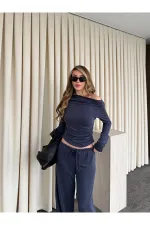 İndigo Kayık Yaka Modal İkili Takım - 7323