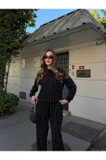 Siyah Taşlı Bluz Pantolon Takım - 0766