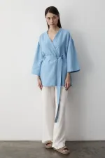 Mavi Yarım Kol İçten Kemerli Kimono - 5383