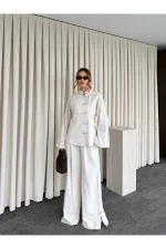 Natural Nakış Düğmeli Kimono Takım - 60624