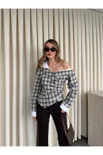 Bej - Kahve Düşük Omuz Vatkalı Ekose Gömlek - 3247