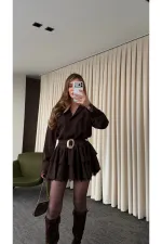 Brown Dress with Lace Hem - 35518