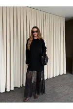 Siyah Tül Detaylı Uzun Triko Elbise - 251009