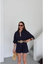 Ensemble chemise et short bleu marine avec ceinture tissée