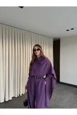 Purple Belted Shawl Collar Shirt and Trousers Set - 8004