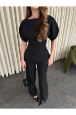 Ensemble chemisier asymétrique noir à manches ballon et pantalon - 25194