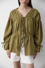 Khaki 100% Cotton Muslin Shirt with Elasticated Sleeves