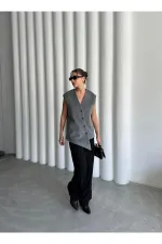 Gri Venedik Çapraz Düğmeli Yelek