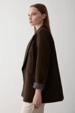 Brown Striped Lined Blazer Jacket with Fold-Up Sleeves - 7560 Brown Striped Lined Blazer Jacket with Fold-Up Sleeves - 7560