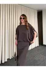 Kahverengi Omuz Drapeli Saten Bluz Etek Takım - 8005