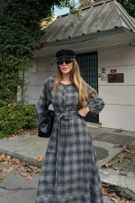 Grey Plaid Belted Long Dress - 1235 Grey Plaid Belted Long Dress - 1235