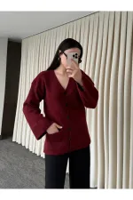 Bordo Düğmeli Basic Hırka - 4622