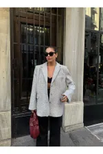 Veste Blazer en Cachemire Ceinturée Bouclé Gris - 7368